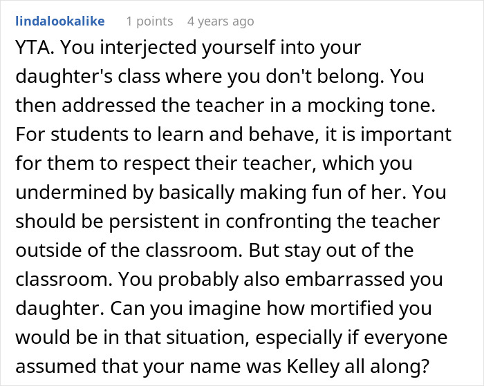 Comment criticizing a dad's approach to daughter's name pronunciation issue with teacher.