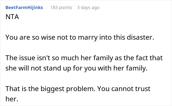 Text comment on a forum supporting a man for canceling his wedding due to in-laws' behavior.