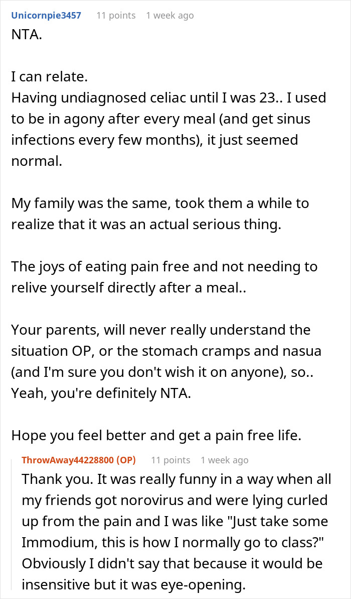 Reddit thread discussing public embarrassment and allergies, with comments about undiagnosed celiac disease.