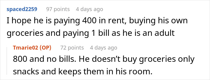 Reddit comments about stepdaughter&rsquo;s rules for man living with her; details on rent and grocery habits.