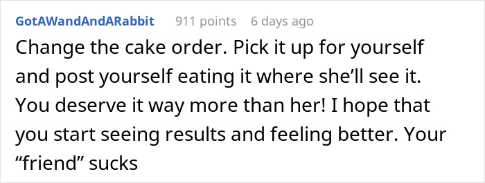 Reddit comment discussing birthday plans and chemo excuse, suggesting to eat cake alone and feel better.