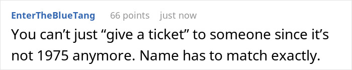 Comment discussing ticket name requirements, referencing an influencer and Egypt trip situation.