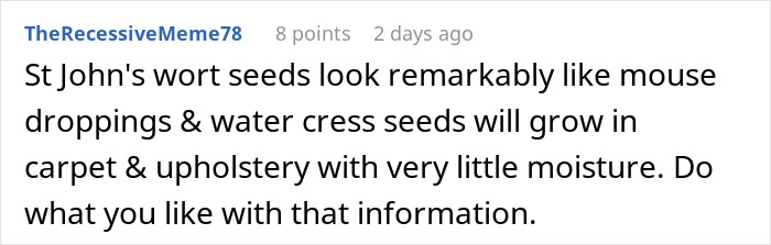 Comment by TheRecessiveMeme78 about St John&rsquo;s wort seeds and water cress on upholstery, mentioning toilet paper.