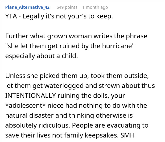 Text criticizing aunt for keeping stolen heirloom dolls during a hurricane, mentioning the niece&rsquo;s innocence.