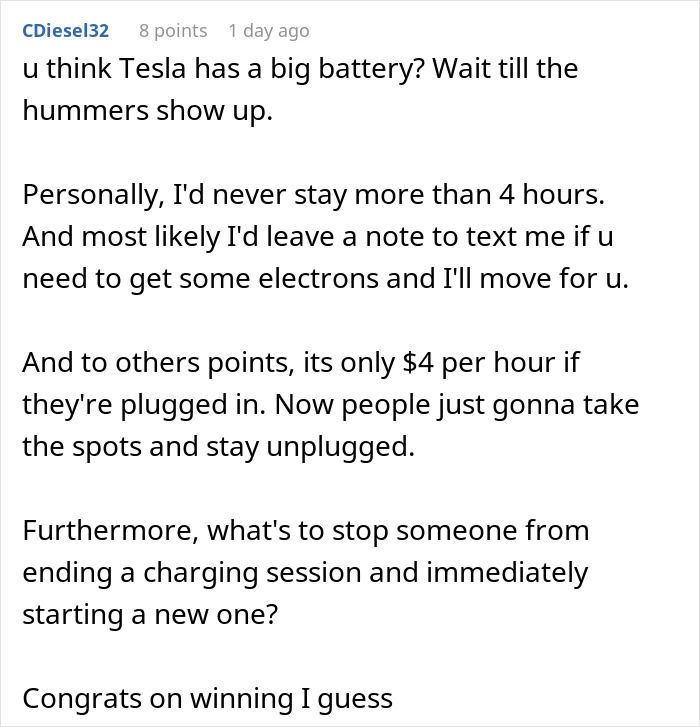 Comment about Tesla charging station behavior, discussing parking duration and fees.