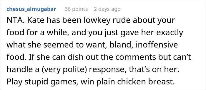 Text discussing coworker's rude comments on cooking, mentioning bland food response.