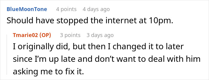 Stepdaughter discusses internet rules while living with stepfather, changing settings to suit her late-night schedule.