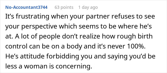 Reddit comment discussing frustration over partner disagreements and perspectives on sterilization and birth control.