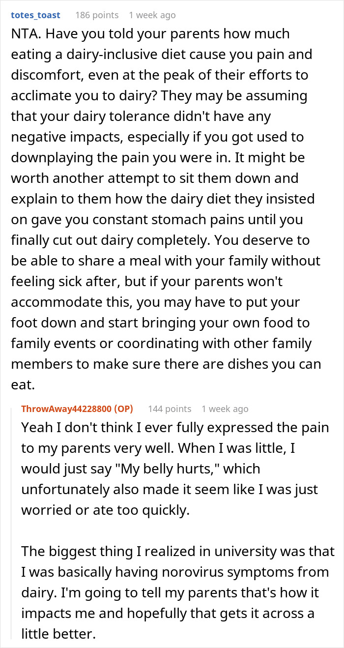 Reddit post discussing an allergy issue and parent&rsquo;s reactions, focusing on public embarrassment and dietary concerns.