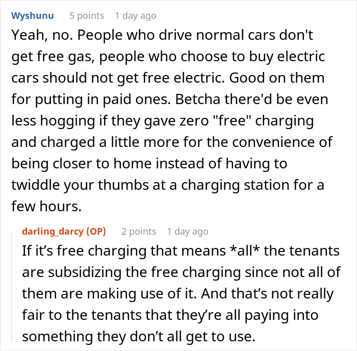 Comments discussing Tesla drivers and charging station fairness.