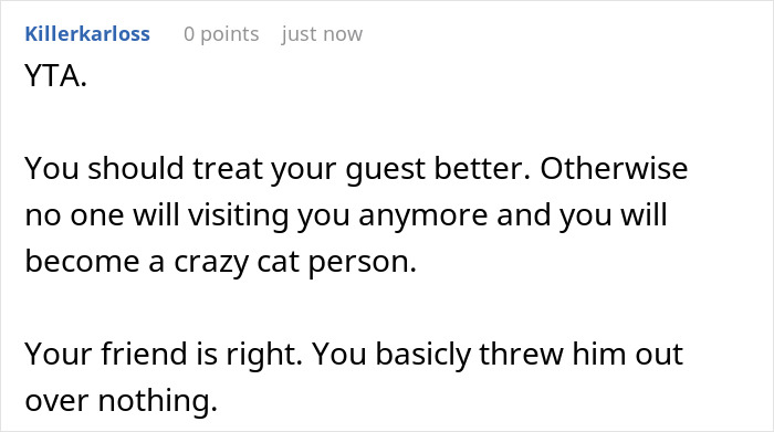 Reddit comment criticizes person for overreacting to friend mistreating their cat.