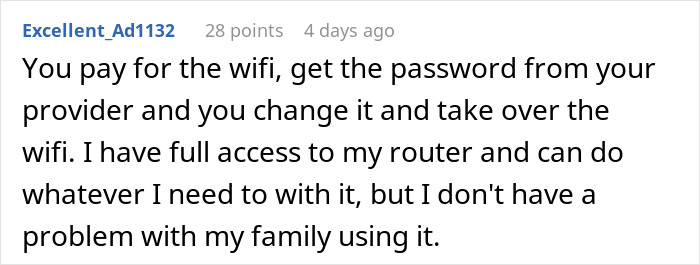 Reddit comment about managing wifi access, emphasizing personal control and sharing with family.