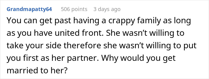 Comment discussing wedding cancellation due to in-laws' behavior and lack of partner support.