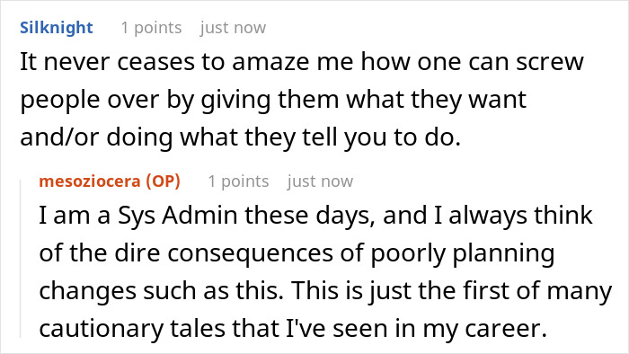 Reddit user comments discussing malicious compliance and its workplace impacts.