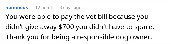 Comment discussing responsible dog ownership and financial decision-making.