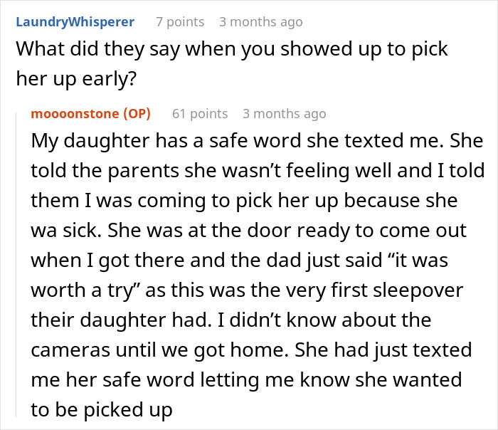 Text discussion about a sleepover incident, involving a daughter using a safe word to alert her mom.