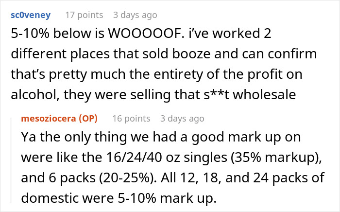 Reddit discussion about alcohol pricing, highlighting markup variations and profit margins.