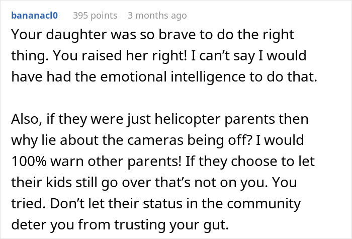 Comment discussing daughter's bravery and parental trust regarding hidden cameras found at a sleepover.