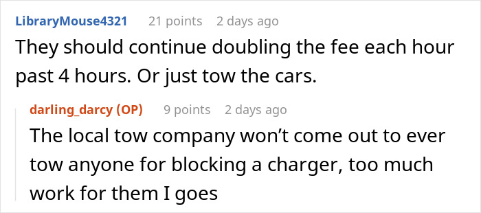 Comments discussing Tesla drivers facing issues at charging stations about fee doubling and towing.