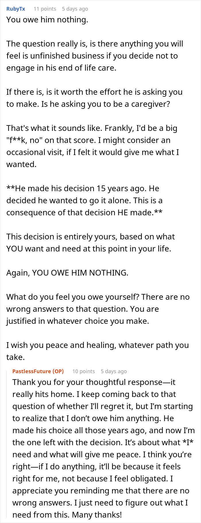 Reddit comments discussing the dilemma of caring for a dying dad who left 15 years ago, emphasizing personal choice.