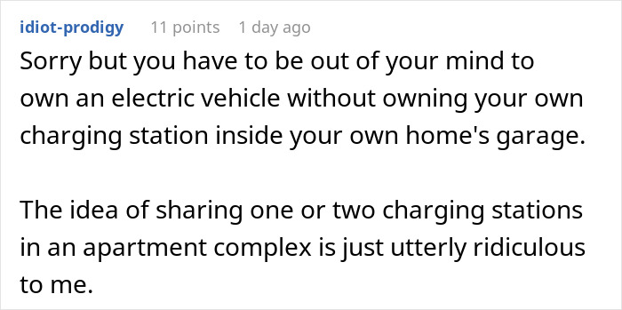 Comment criticizing Tesla drivers for lacking personal charging stations at home.