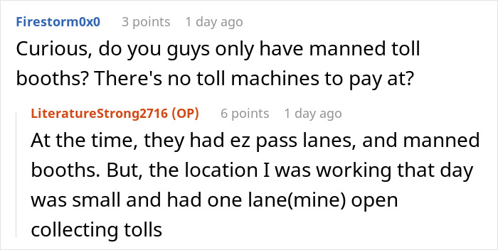 Comments discussing manned toll booths versus automated ones, related to driver paid tolls petty revenge.