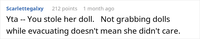 Comment discussing heirloom dolls and evacuation decisions.