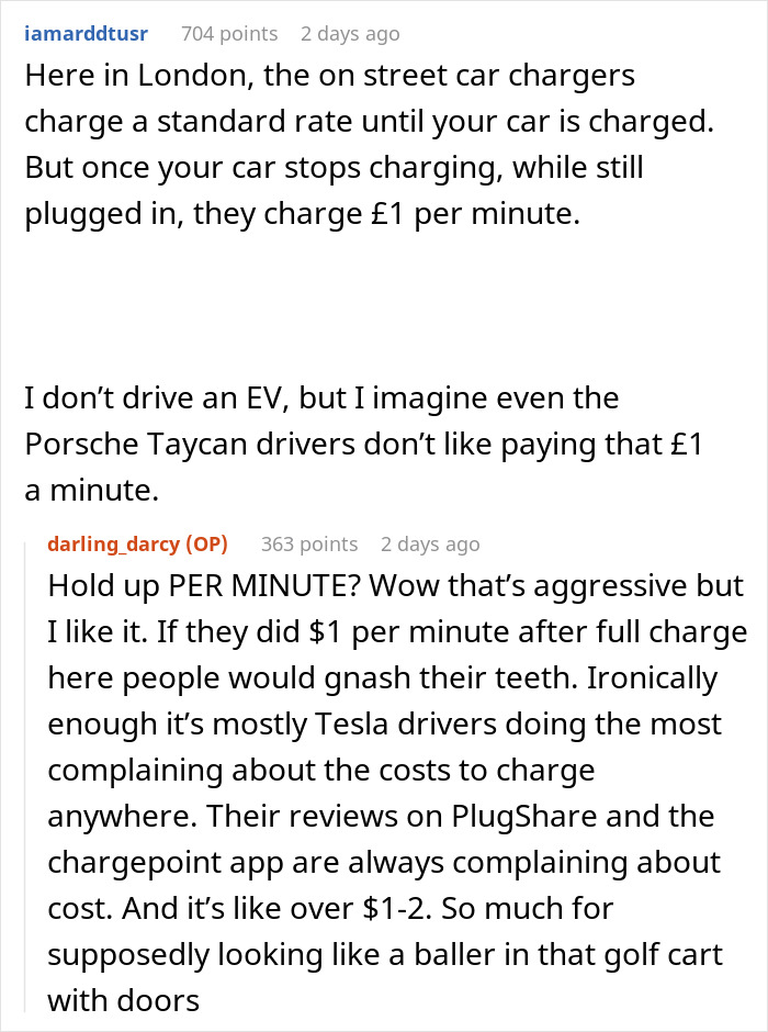 Comments discussing Tesla drivers' complaints about charging station costs in London, highlighting fees per minute.