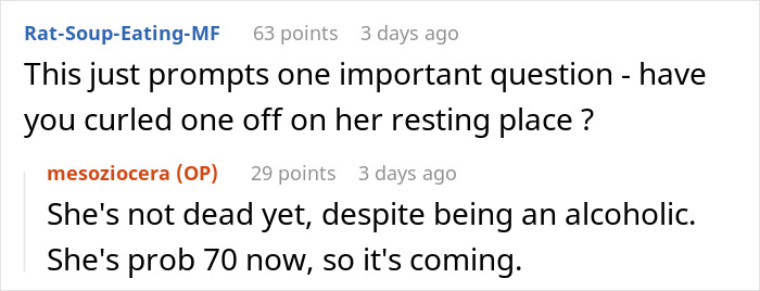 Reddit comment exchange about an aging alcoholic woman, related to work compliance.