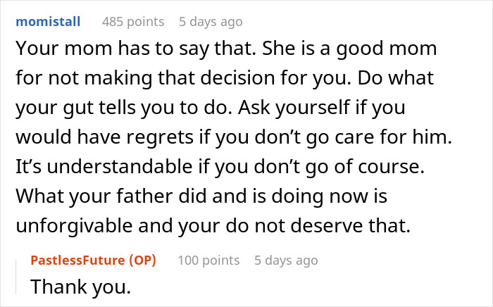 Reddit comment discussing family decisions about caring for a dying father who left 15 years ago.