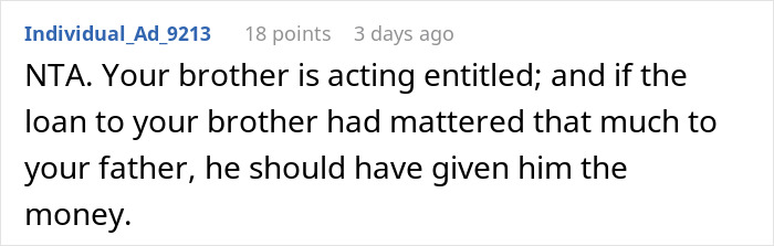 Reddit comment criticizing brother&rsquo;s entitled behavior over money.