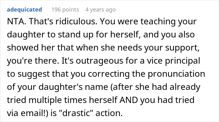 Comment about a dad supporting his daughter in correcting her name pronunciation with a teacher.