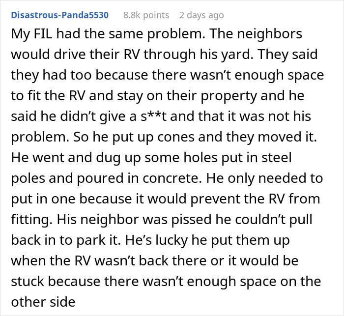 Text describing a solution to neighbors driving in a yard, involving cones and steel poles to prevent RV access.