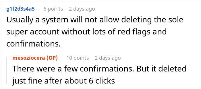 Reddit comments discussing system confirmations for deleting a super account, highlighting malicious compliance.