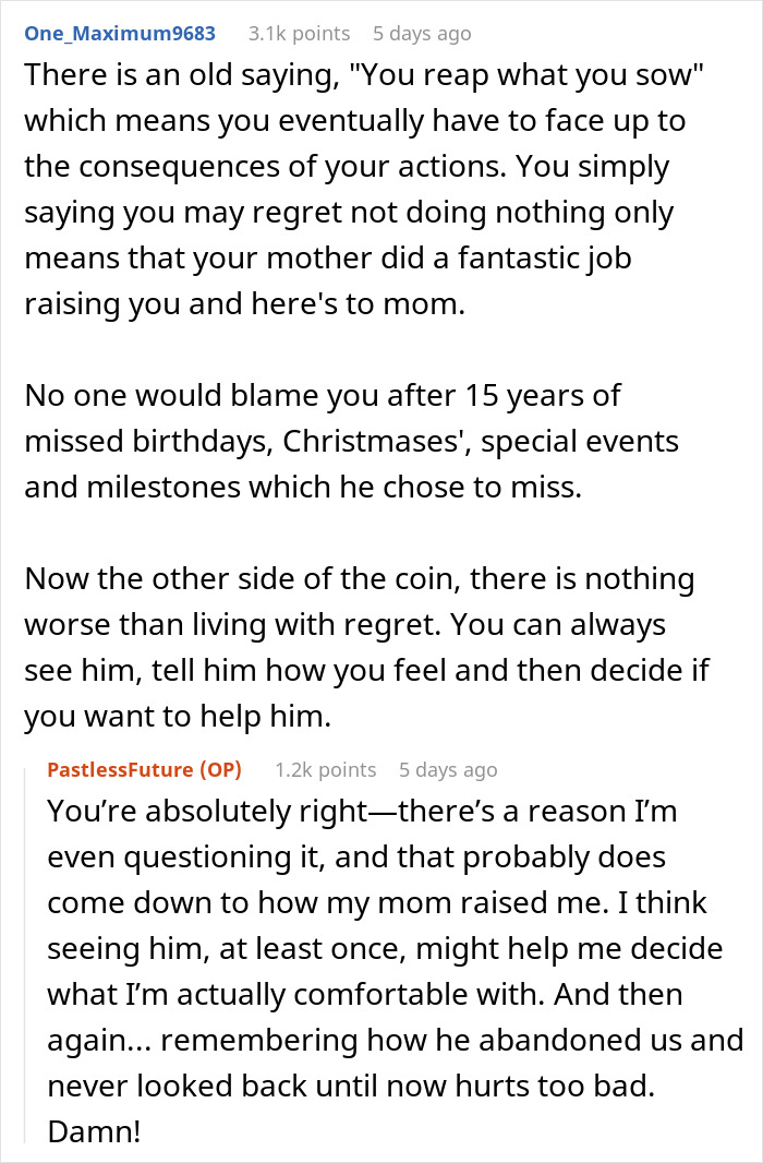 Reddit thread discussing 15 years of an absent father, regret, and caring for a dying parent.