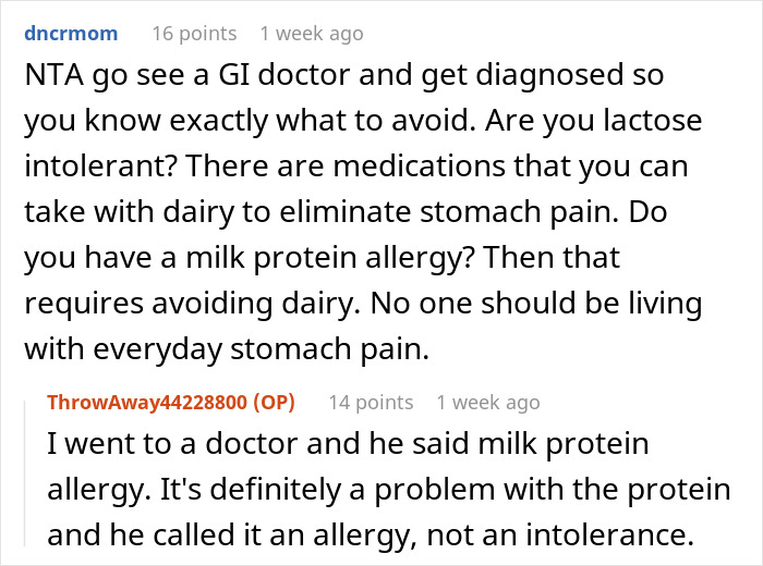 Reddit discussion about embarrassing parents in public due to a milk protein allergy.