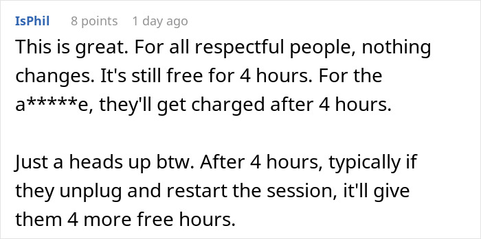 Tesla drivers reminded about charging station limits, with a note on extending free time by reconnecting after four hours.