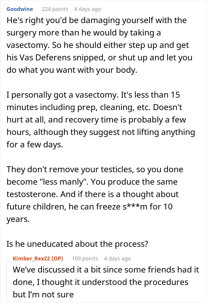 Discussion about partner's wishes regarding sterilization and vasectomy.