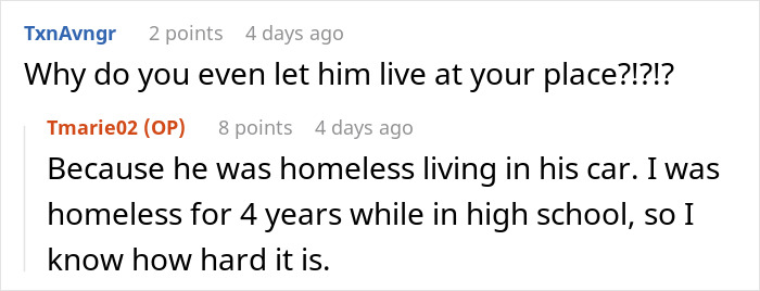 Stepdaughter explains why she lets homeless stepfather live with her, recalling her own past hardships.