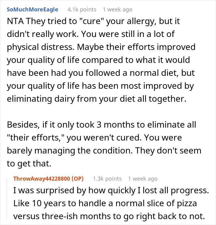 Reddit post discussing allergy embarrassment; users critique parents’ approach to managing allergies.