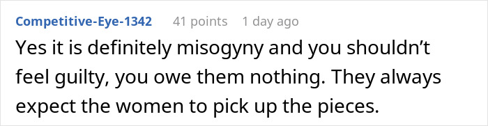 Comment about a woman expected to care for stepsiblings, discussing perceived misogyny and societal expectations.