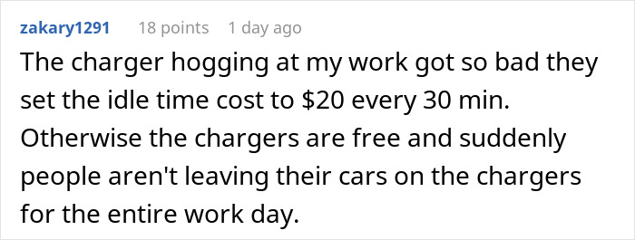 Reddit comment about Tesla drivers and charging station idle time fees, addressing charger hogging issues.