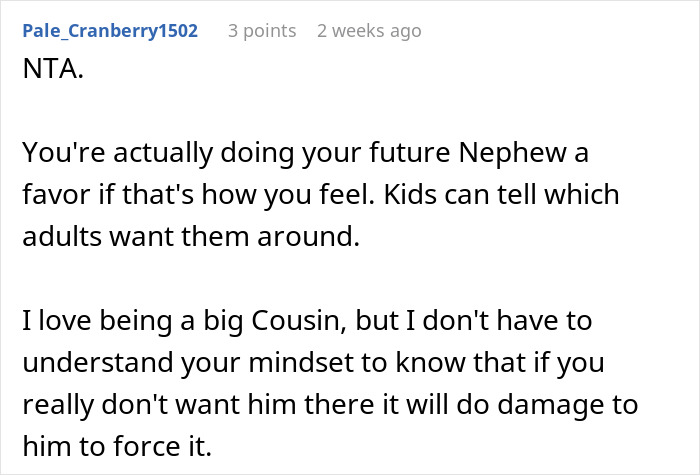 Comment discussing pressure on brother to take parental role with nephew.