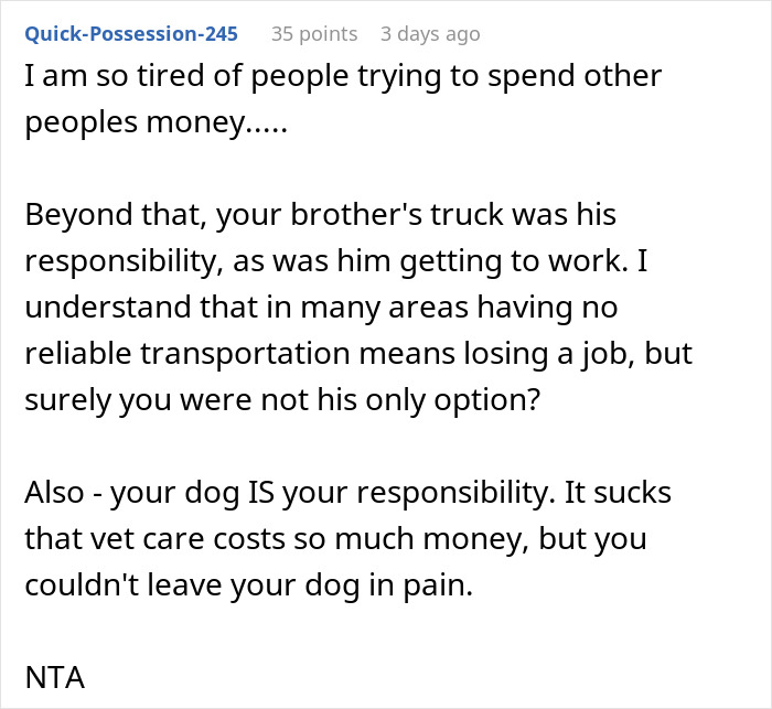 Text discussing a woman&rsquo;s choice to prioritize her dog&rsquo;s expenses over lending money to her brother.