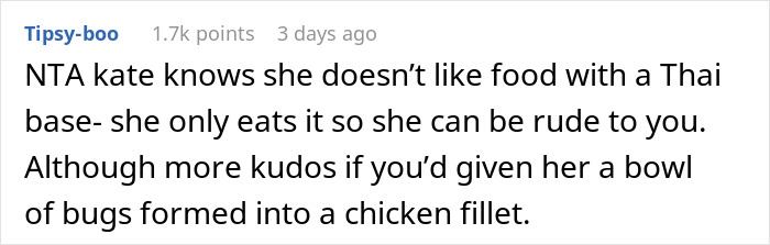 Comment discussing coworker's rude behavior about cooking preferences.