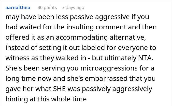 User comment sharing opinion on coworker's response to insults about cooking.