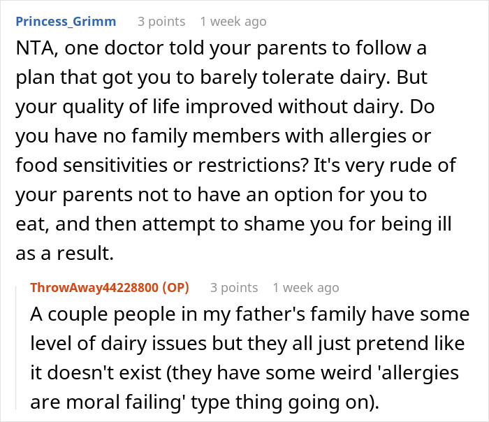 Discussion on allergy embarrassment involving parents and dietary restrictions.