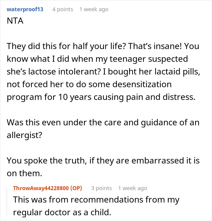 Online discussion about parents, embarrassment, and allergy management opinions.