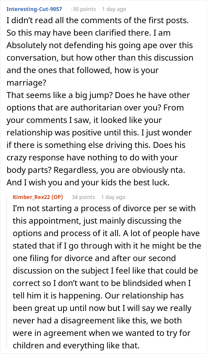 Reddit discussion about sterilization against partner's wishes, focusing on relationship dynamics and potential divorce.