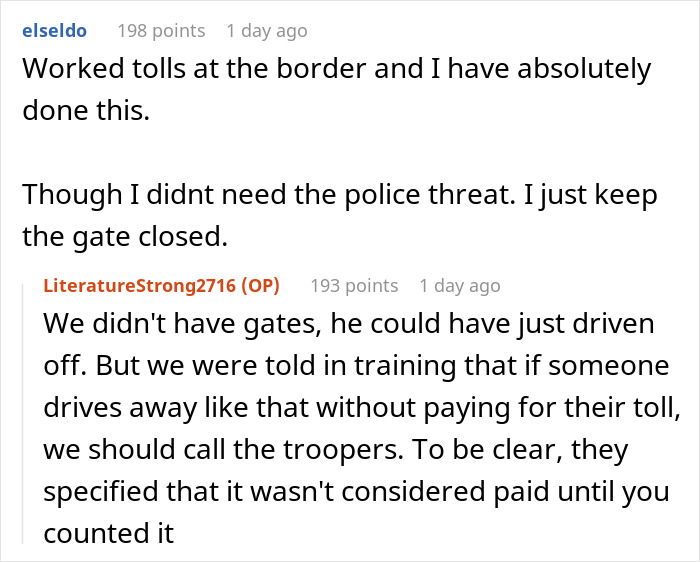 Comments discussing driver paid tolls with petty revenge tactics at border crossings.